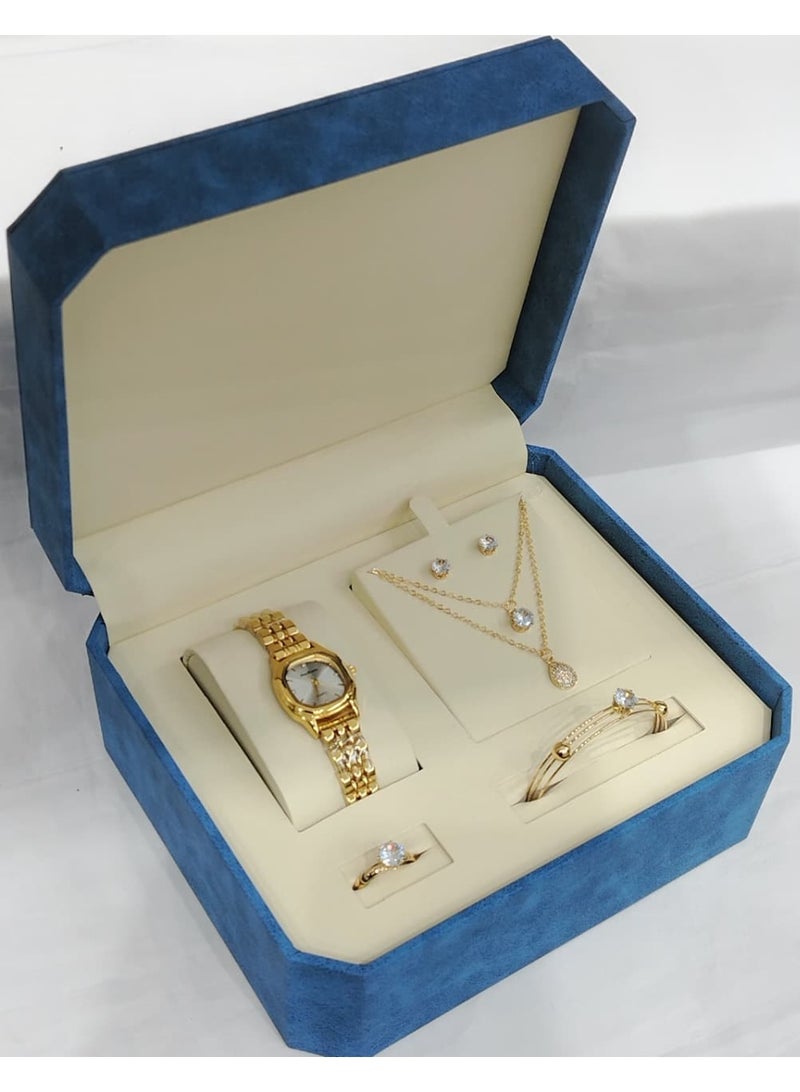 This is a women's watch set consisting of a wristwatch, bracelet, necklace, ring and earrings.
